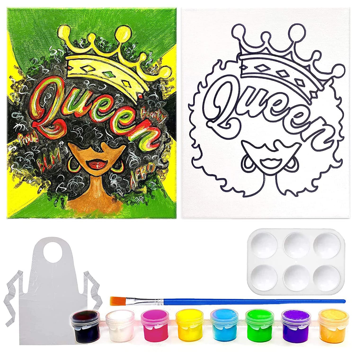 Indigo Art Studio Pre Drawn Canvas Paint Kit for Adults Kids | Stenciled | Art Activity | Afro Queen Retro | DIY Birthday Gift & Sip and Paint With Twist Party Favor (8x10 Inches)