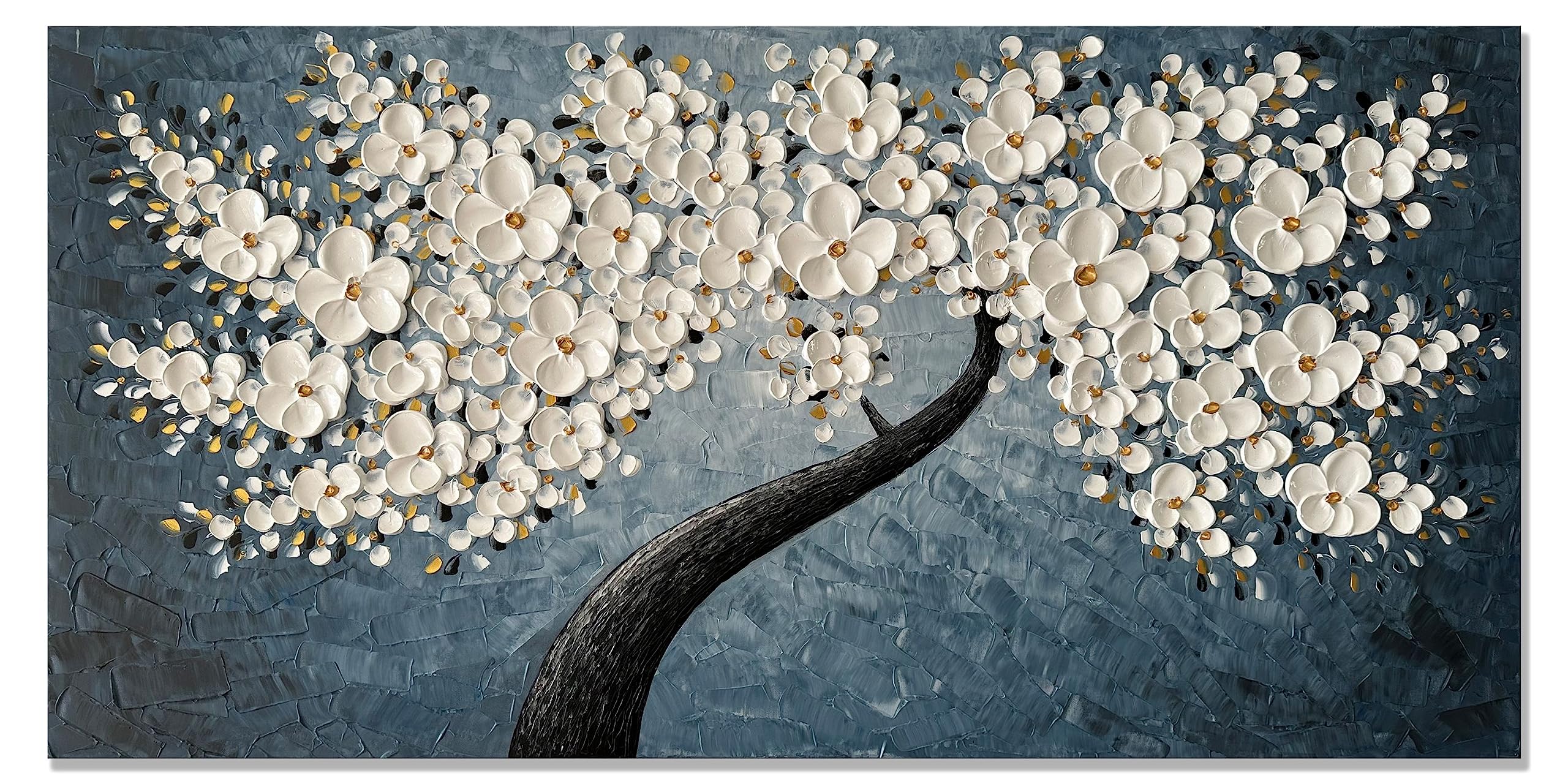 zoinart Hand Painted 3D Floral Oil Paintings on Canvas 48x24 Inches Abstract White Flower Modern Large Canvas Wall Art Contemporary Tree Art Texture Artwork Home Decorations