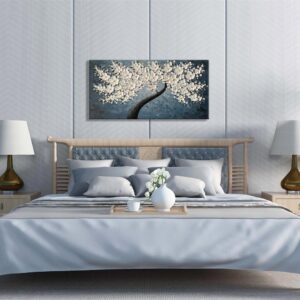 zoinart Hand Painted 3D Floral Oil Paintings on Canvas 48x24 Inches Abstract White Flower Modern Large Canvas Wall Art Contemporary Tree Art Texture Artwork Home Decorations