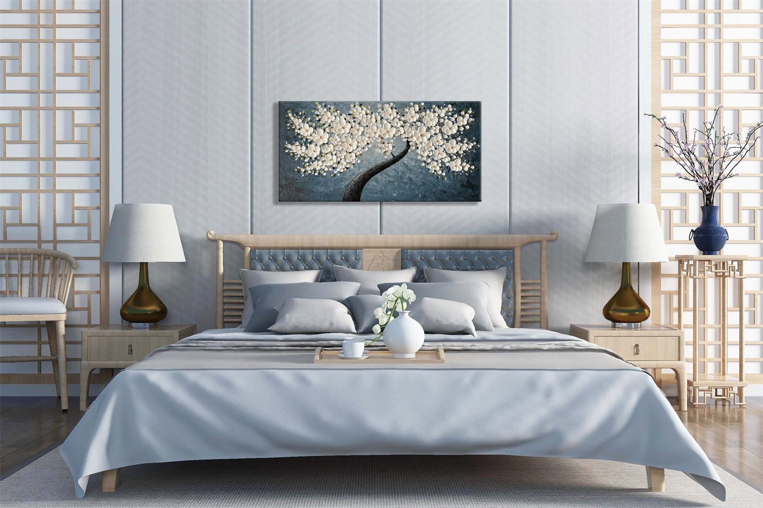 zoinart Hand Painted 3D Floral Oil Paintings on Canvas 48x24 Inches Abstract White Flower Modern Large Canvas Wall Art Contemporary Tree Art Texture Artwork Home Decorations