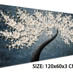 zoinart Hand Painted 3D Floral Oil Paintings on Canvas 48x24 Inches Abstract White Flower Modern Large Canvas Wall Art Contemporary Tree Art Texture Artwork Home Decorations