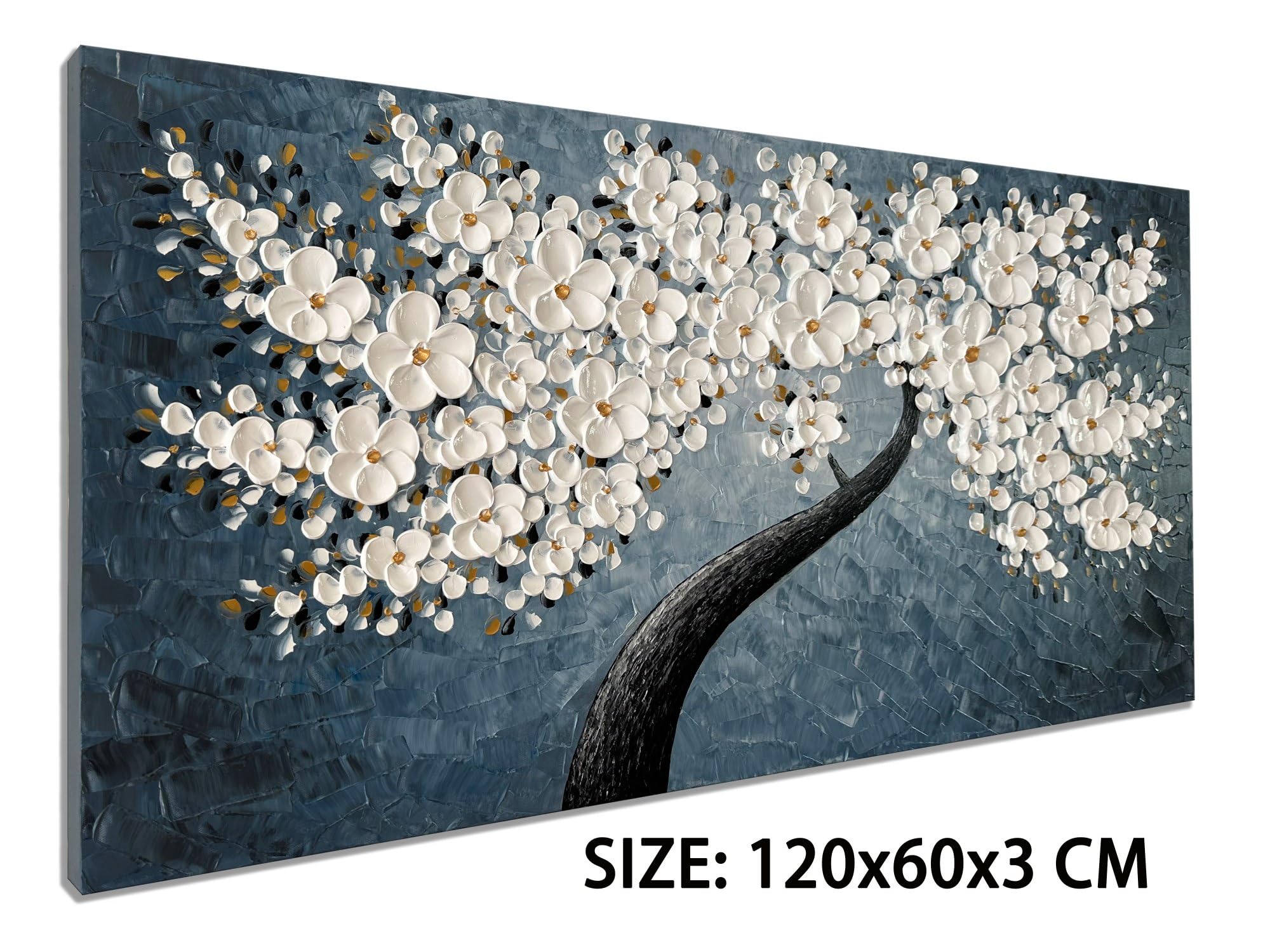 zoinart Hand Painted 3D Floral Oil Paintings on Canvas 48x24 Inches Abstract White Flower Modern Large Canvas Wall Art Contemporary Tree Art Texture Artwork Home Decorations