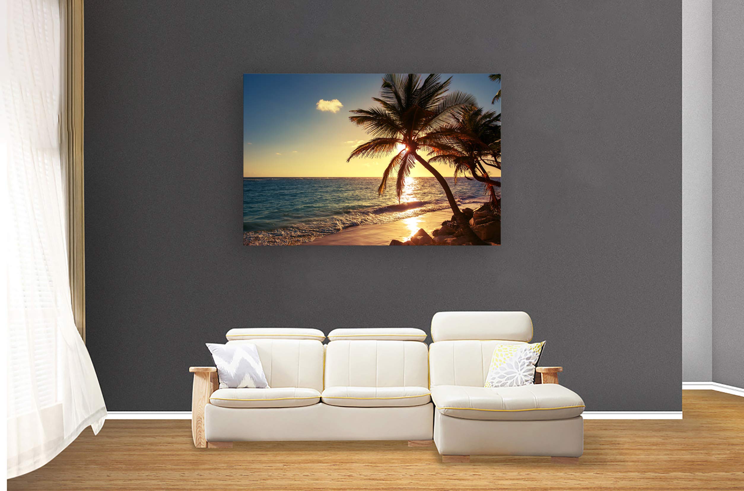 Muolunna S04981 Wall Art Decor Large Canvas Print Picture Sunset Ocean Beach Waves 1 Panel Coconut tree Scenery Painting Artwork for Office Home Decoration Stretched and Framed Ready to Hang XLarge