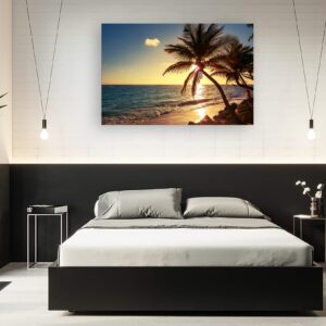 Muolunna S04981 Wall Art Decor Large Canvas Print Picture Sunset Ocean Beach Waves 1 Panel Coconut tree Scenery Painting Artwork for Office Home Decoration Stretched and Framed Ready to Hang XLarge