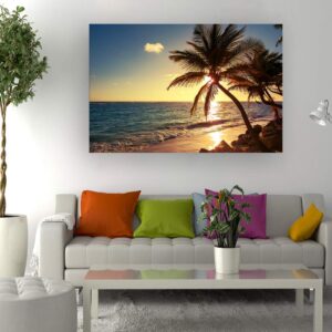 Muolunna S04981 Wall Art Decor Large Canvas Print Picture Sunset Ocean Beach Waves 1 Panel Coconut tree Scenery Painting Artwork for Office Home Decoration Stretched and Framed Ready to Hang XLarge