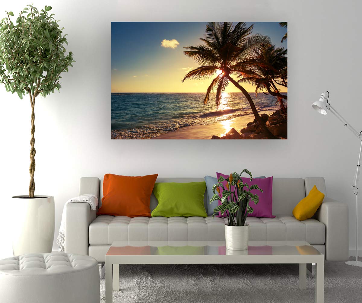 Muolunna S04981 Wall Art Decor Large Canvas Print Picture Sunset Ocean Beach Waves 1 Panel Coconut tree Scenery Painting Artwork for Office Home Decoration Stretched and Framed Ready to Hang XLarge