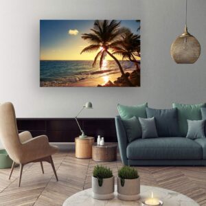 Muolunna S04981 Wall Art Decor Large Canvas Print Picture Sunset Ocean Beach Waves 1 Panel Coconut tree Scenery Painting Artwork for Office Home Decoration Stretched and Framed Ready to Hang XLarge