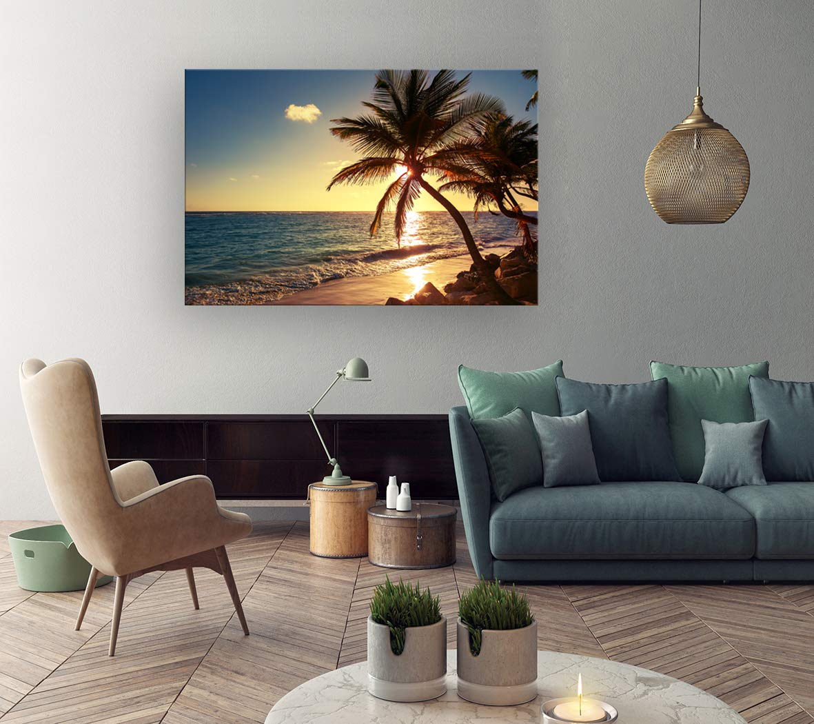 Muolunna S04981 Wall Art Decor Large Canvas Print Picture Sunset Ocean Beach Waves 1 Panel Coconut tree Scenery Painting Artwork for Office Home Decoration Stretched and Framed Ready to Hang XLarge