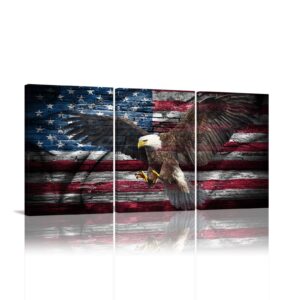 KALAWA American Flag Wall Art Eagle Canvas Independence Day Artwork Red White Blue Painting Patriotic Concept Wall Decor the USA Flag Home Decor 3 Panels Print for Living Room Framed Ready to Hang