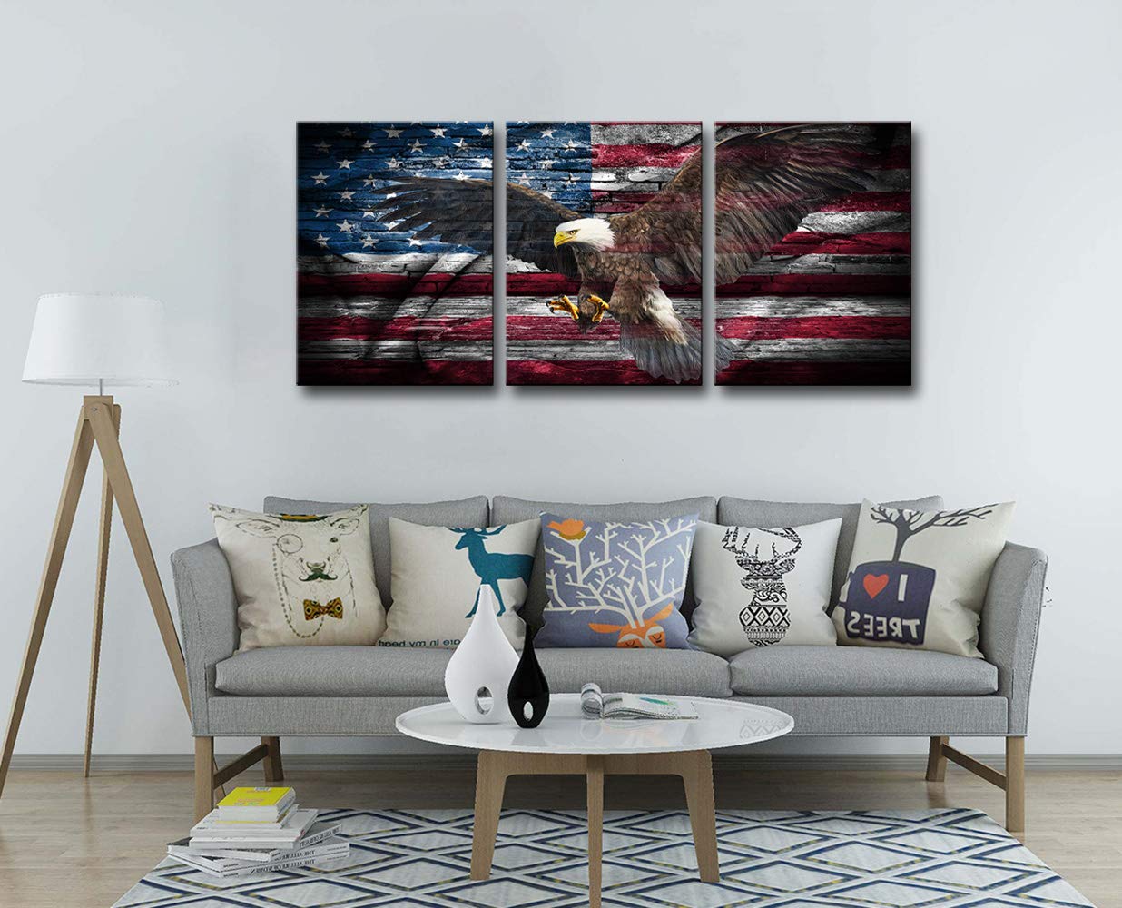 KALAWA American Flag Wall Art Eagle Canvas Independence Day Artwork Red White Blue Painting Patriotic Concept Wall Decor the USA Flag Home Decor 3 Panels Print for Living Room Framed Ready to Hang