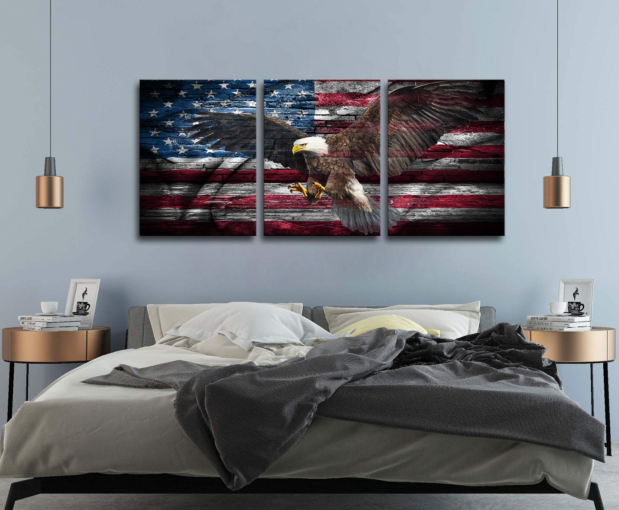 KALAWA American Flag Wall Art Eagle Canvas Independence Day Artwork Red White Blue Painting Patriotic Concept Wall Decor the USA Flag Home Decor 3 Panels Print for Living Room Framed Ready to Hang