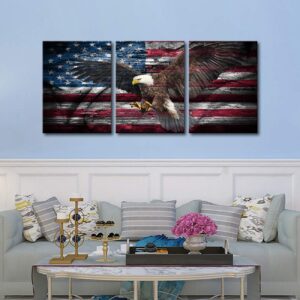 KALAWA American Flag Wall Art Eagle Canvas Independence Day Artwork Red White Blue Painting Patriotic Concept Wall Decor the USA Flag Home Decor 3 Panels Print for Living Room Framed Ready to Hang