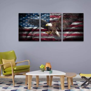 KALAWA American Flag Wall Art Eagle Canvas Independence Day Artwork Red White Blue Painting Patriotic Concept Wall Decor the USA Flag Home Decor 3 Panels Print for Living Room Framed Ready to Hang