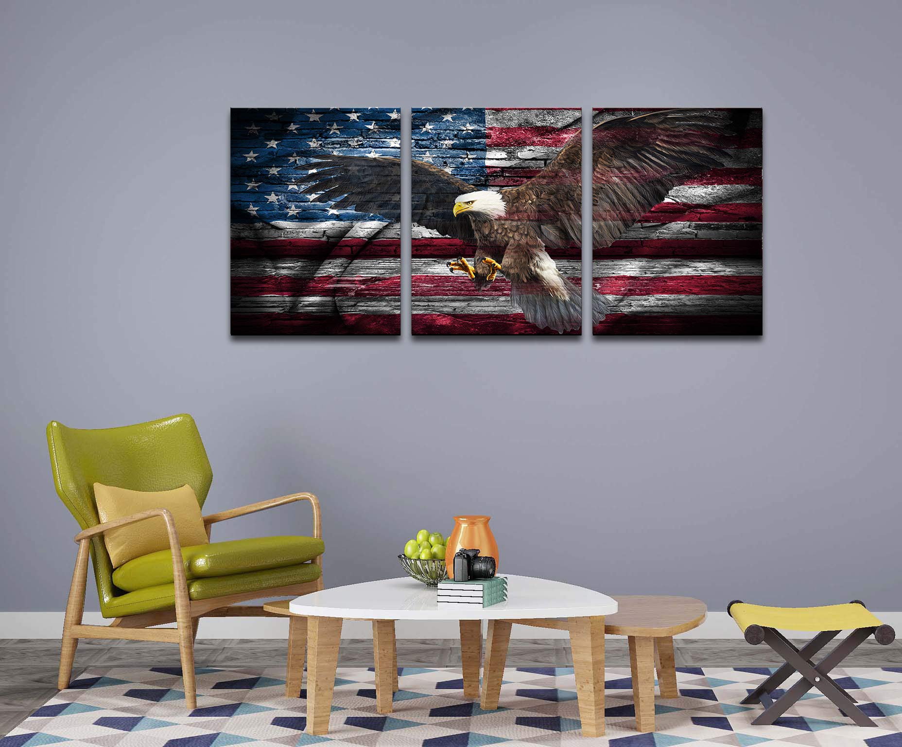 KALAWA American Flag Wall Art Eagle Canvas Independence Day Artwork Red White Blue Painting Patriotic Concept Wall Decor the USA Flag Home Decor 3 Panels Print for Living Room Framed Ready to Hang