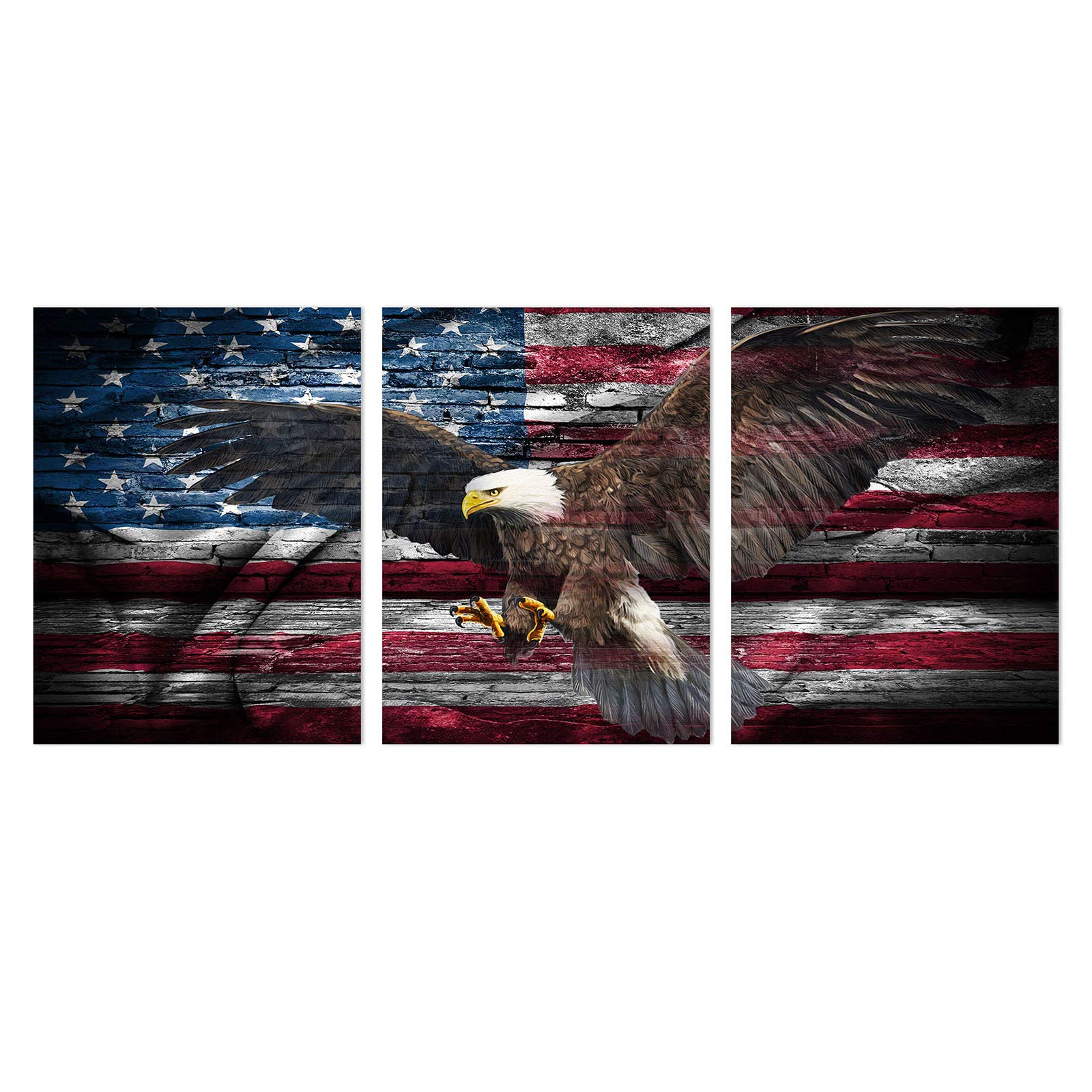 KALAWA American Flag Wall Art Eagle Canvas Independence Day Artwork Red White Blue Painting Patriotic Concept Wall Decor the USA Flag Home Decor 3 Panels Print for Living Room Framed Ready to Hang