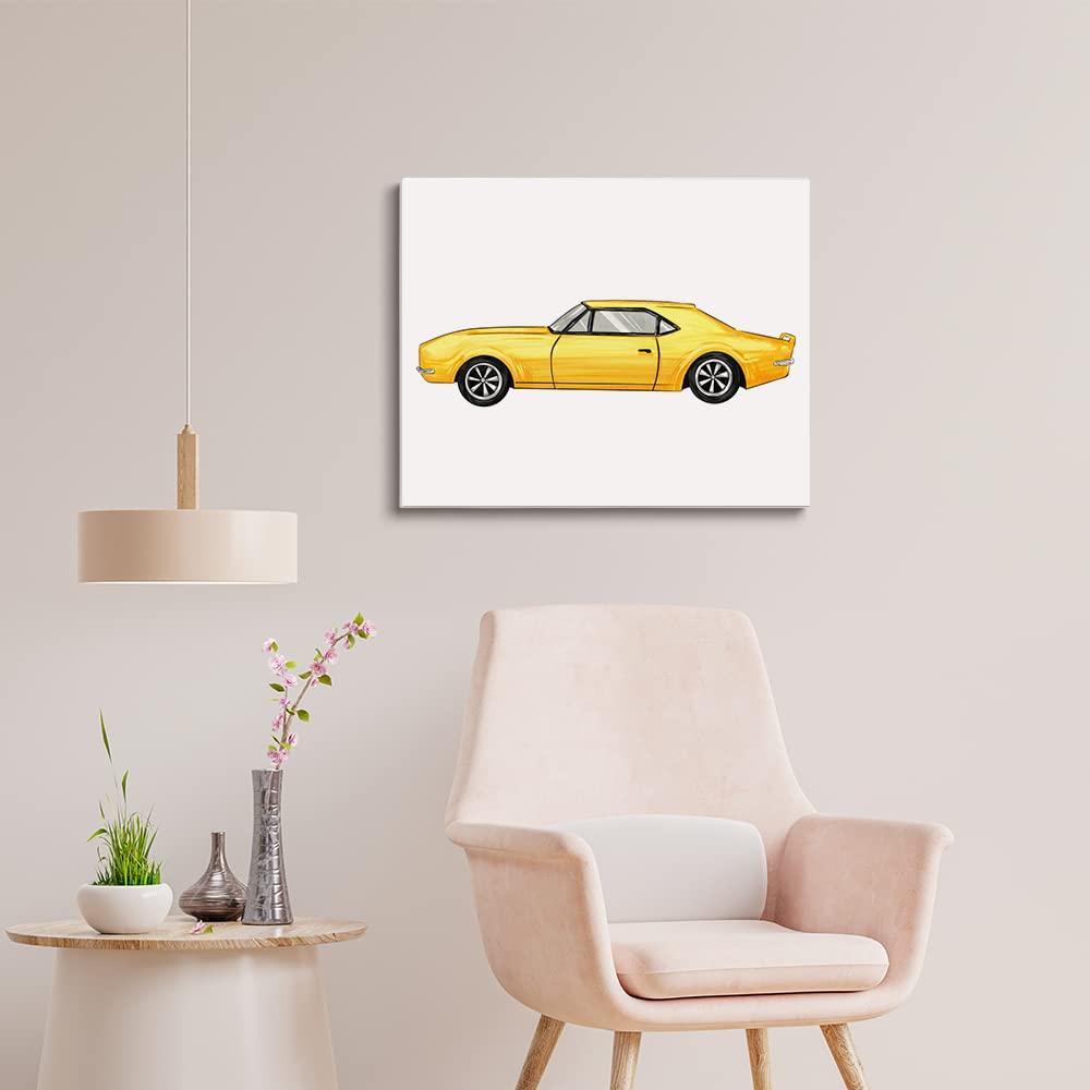 Vintage Car Canvas Wall Art Framed Old Car Painting Print Watercolor Nursery Transportation Canvas Wall Decor for Home Playroom Boys Room, Classroom Decoration, Ready to Hang, 12" X 15" (Yellow)