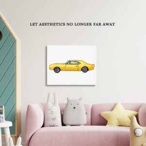 Vintage Car Canvas Wall Art Framed Old Car Painting Print Watercolor Nursery Transportation Canvas Wall Decor for Home Playroom Boys Room, Classroom Decoration, Ready to Hang, 12" X 15" (Yellow)