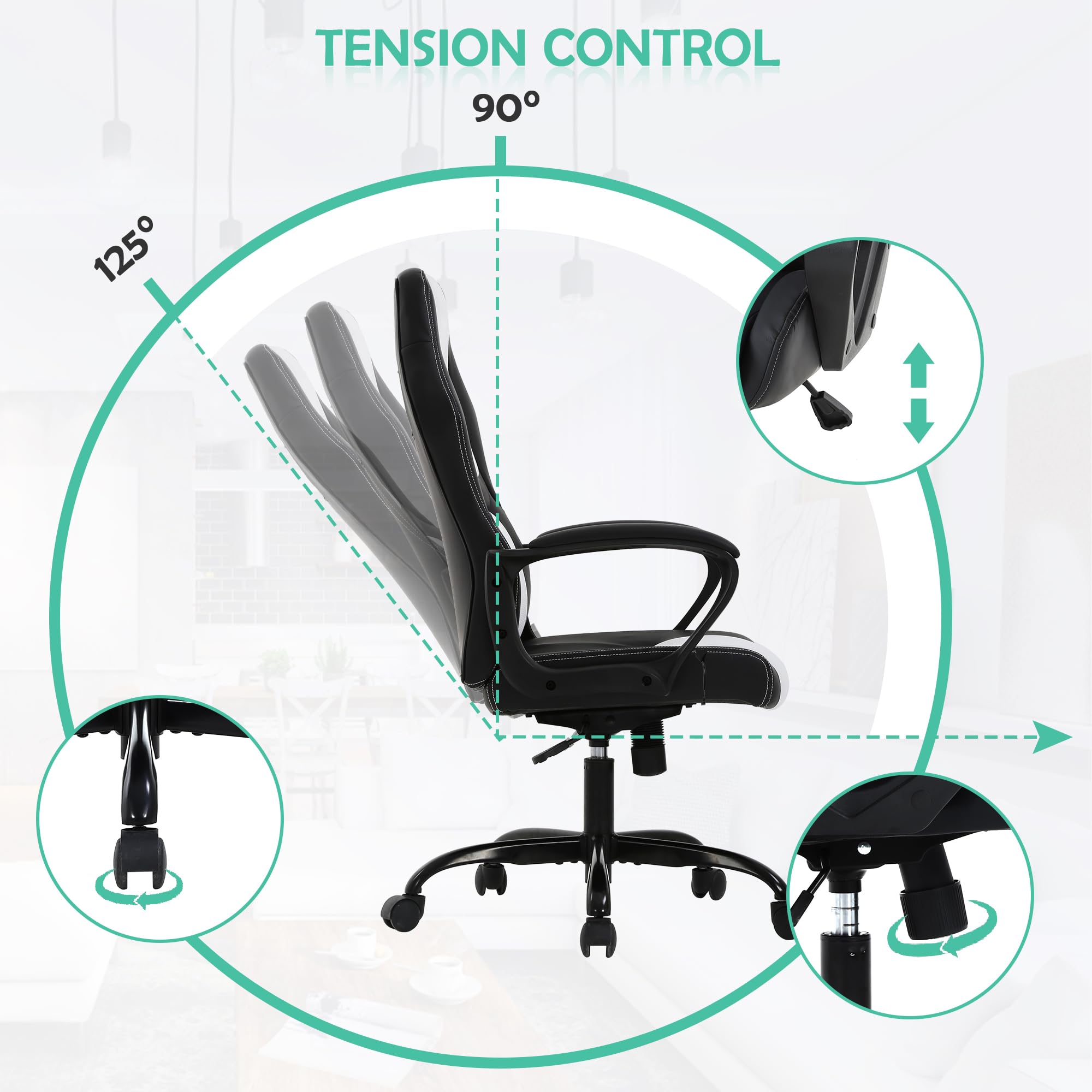 PC Gaming Chair Ergonomic Computer Chair High-Back Racing Gaming Chairs with Lumbar Support Armrest Adjustable PU Leather Office Desk Chair Swivel Rolling Executive Video Gaming Chair for Adults