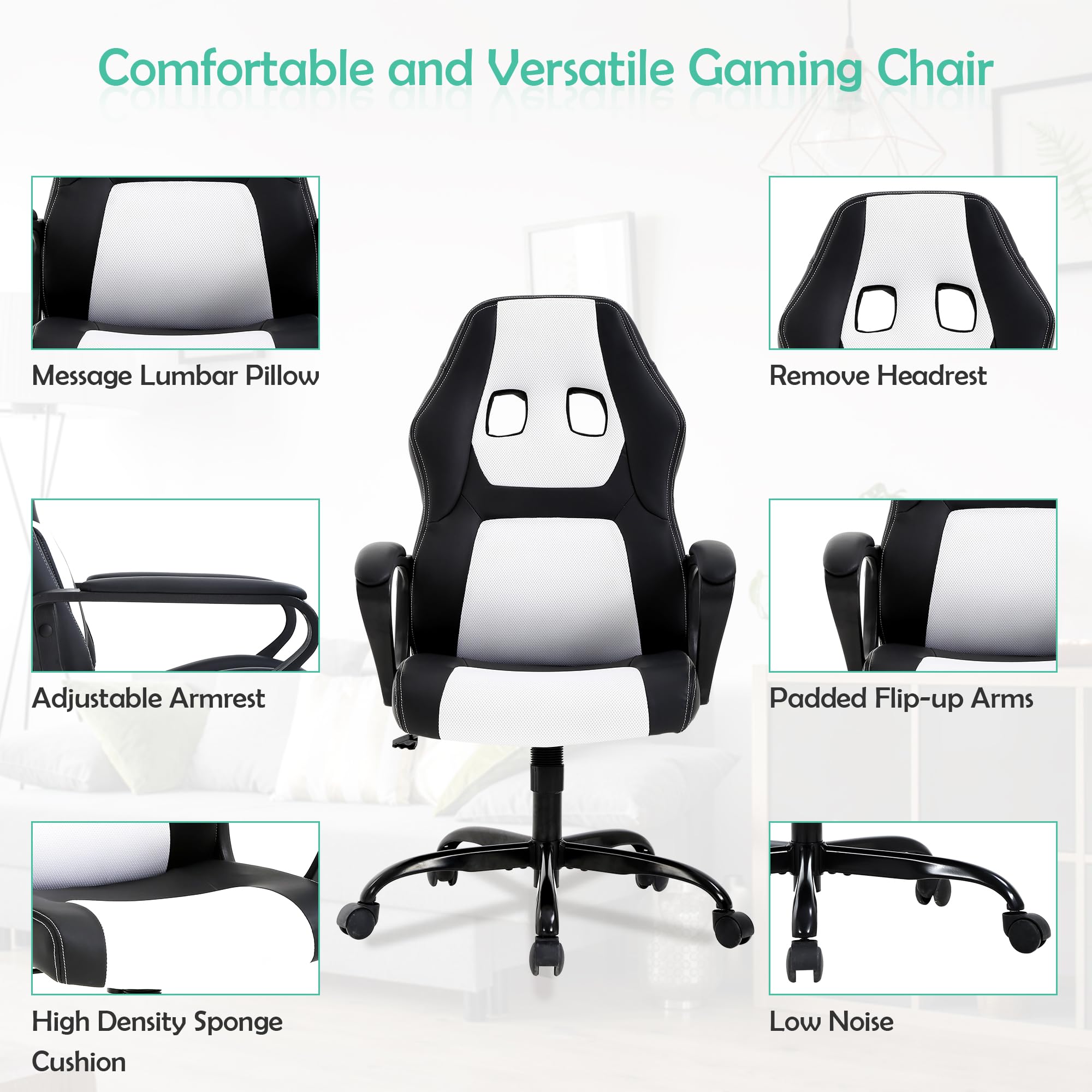 PC Gaming Chair Ergonomic Computer Chair High-Back Racing Gaming Chairs with Lumbar Support Armrest Adjustable PU Leather Office Desk Chair Swivel Rolling Executive Video Gaming Chair for Adults