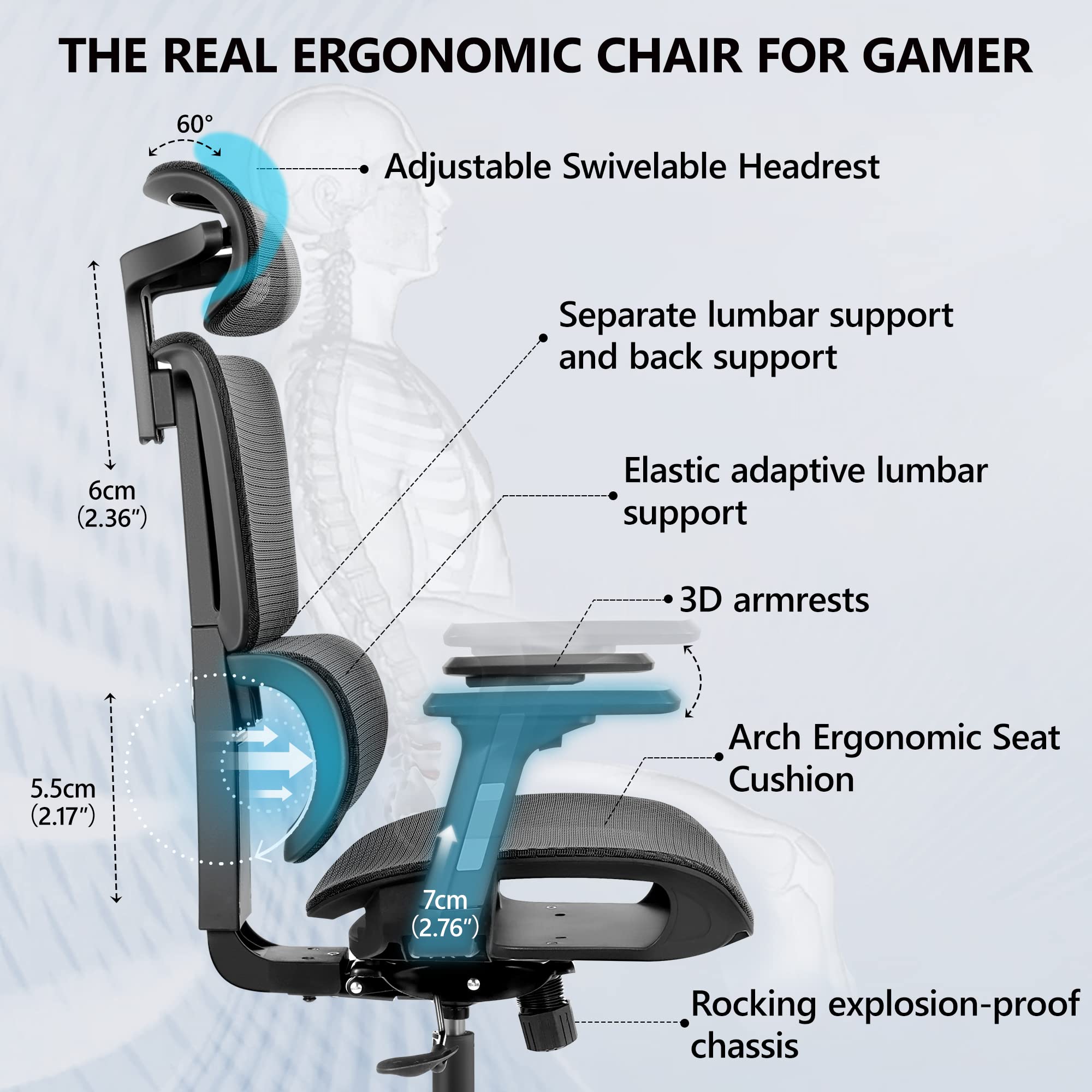 Primy Ergonomic Gaming Chair, Adjustable Lumbar Support, Breathable Mesh Seat, 360 Swivel, Black