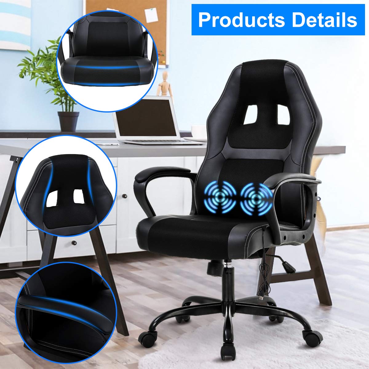 Office Chair Gaming Chair Ergonomic Desk Chair Massage Racing Chair with Lumbar Support & Armrest Rolling PU Leather High Back Computer Chair PC Swivel Executive Chair,for Men Women, Black