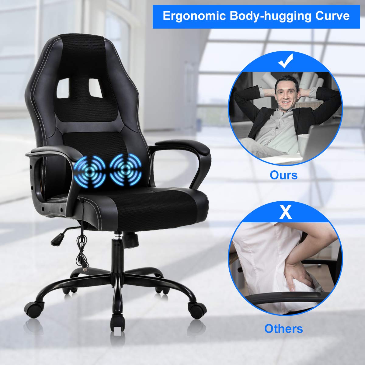 Office Chair Gaming Chair Ergonomic Desk Chair Massage Racing Chair with Lumbar Support & Armrest Rolling PU Leather High Back Computer Chair PC Swivel Executive Chair,for Men Women, Black