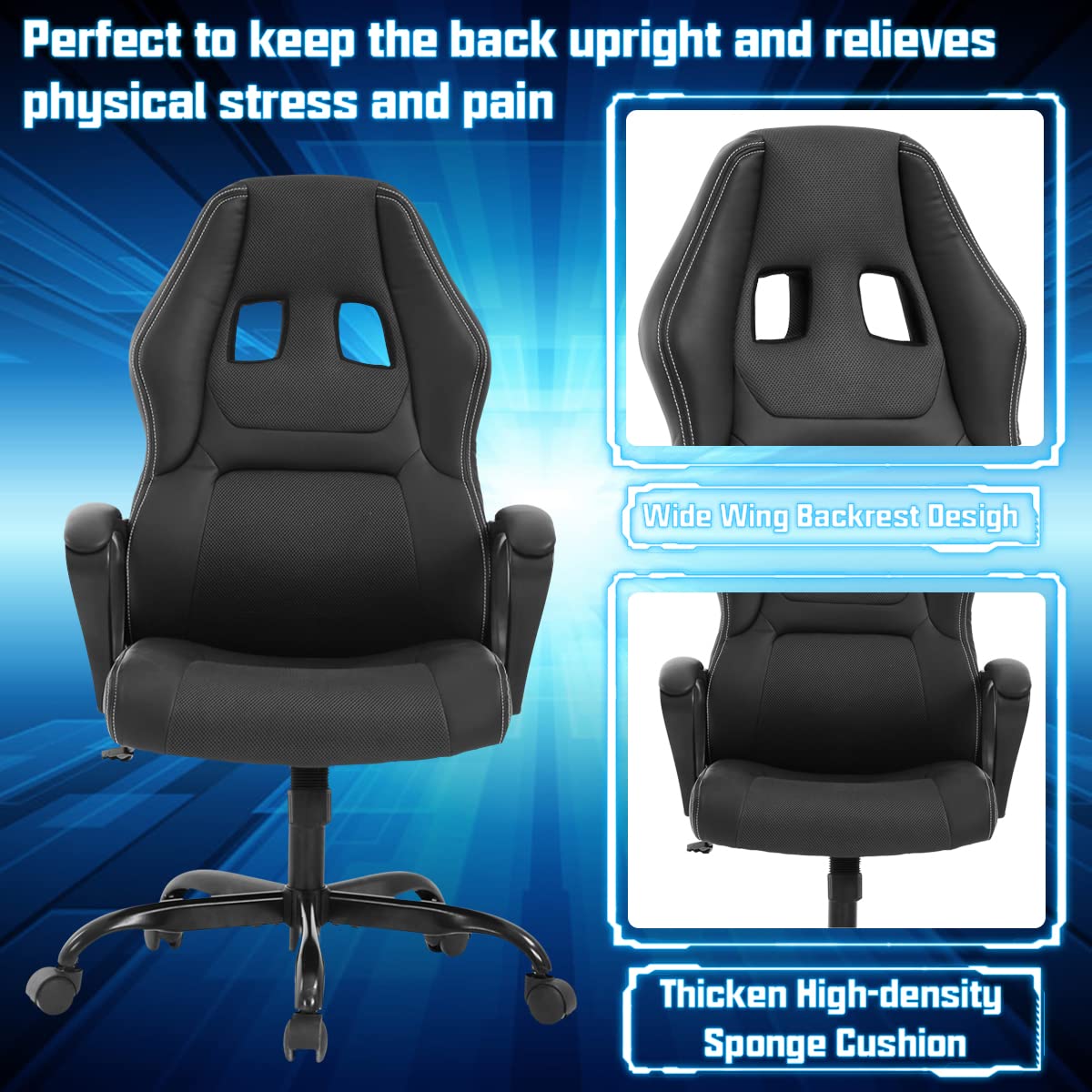 Gaming Chair PC Office Chair Ergonomic Gamer Chair PU Leather Executive Computer Chair with Lumbar Support High Back Adjustable Rolling Swivel Desk Chair for Adult Teen, Black