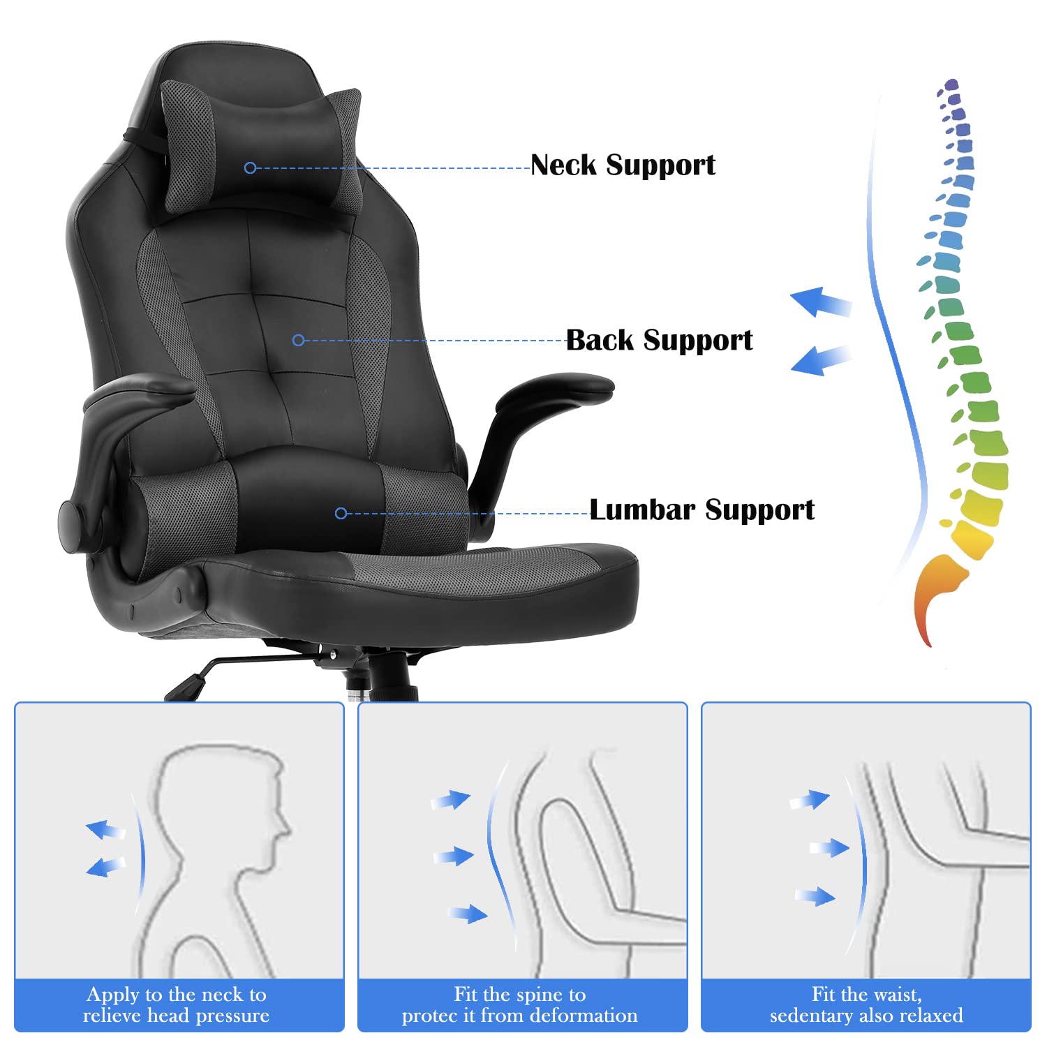 PC Gaming Chair Office Chair, Ergonomic Desk Chair with Headrest& Lumbar Support, Adjustable High Back PU Leather Computer Chair Racing Rolling Swivel Task Chair for Adults, Grey