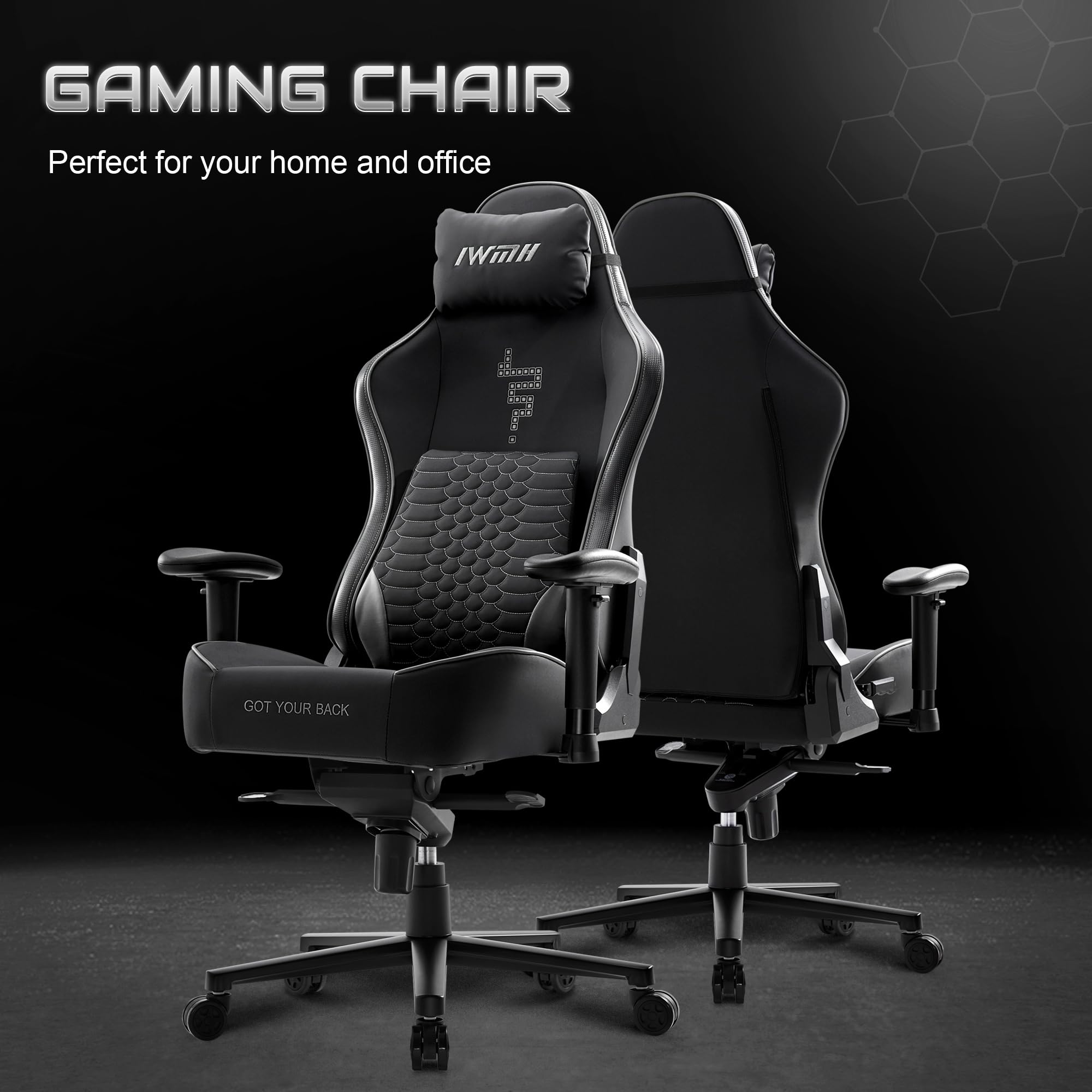 IWMH Gaming Chair Office Chair with Ergonomic Lumbar Support, High Back Executive Computer Chair, Swivel Rolling Desk Chair for Adults Teens with Headrest, 450LBS, Black