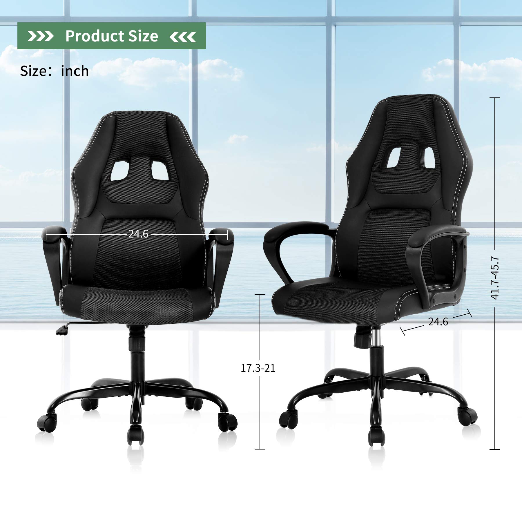 PC Gaming Chair Computer Desk Chair Ergonomic Office Chair Racing Game Chair for Women Men, High Back Chair PU Leather Chair Height Adjustable Task Chair w/Metal Base Headrest Armrest (Black)