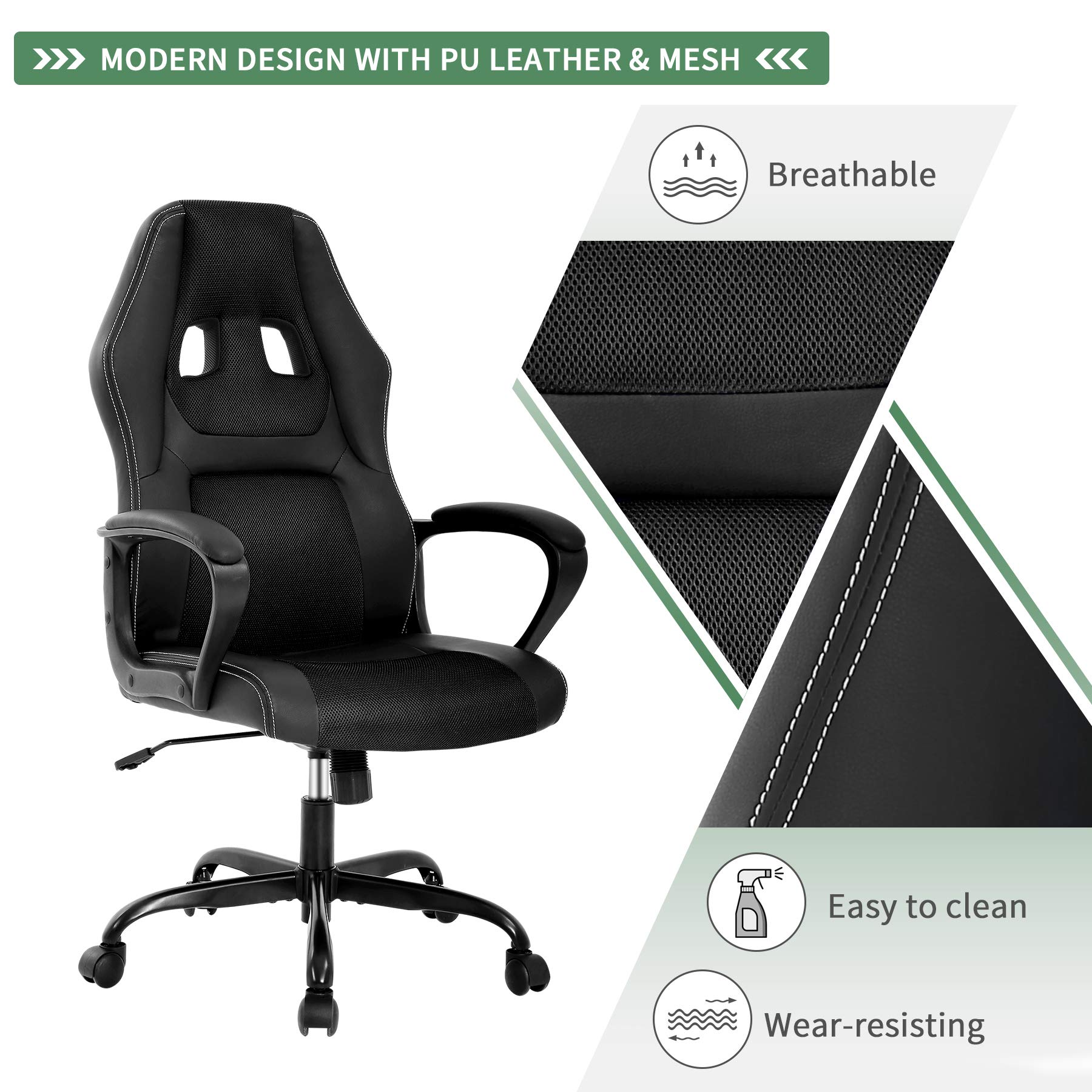 PC Gaming Chair Computer Desk Chair Ergonomic Office Chair Racing Game Chair for Women Men, High Back Chair PU Leather Chair Height Adjustable Task Chair w/Metal Base Headrest Armrest (Black)