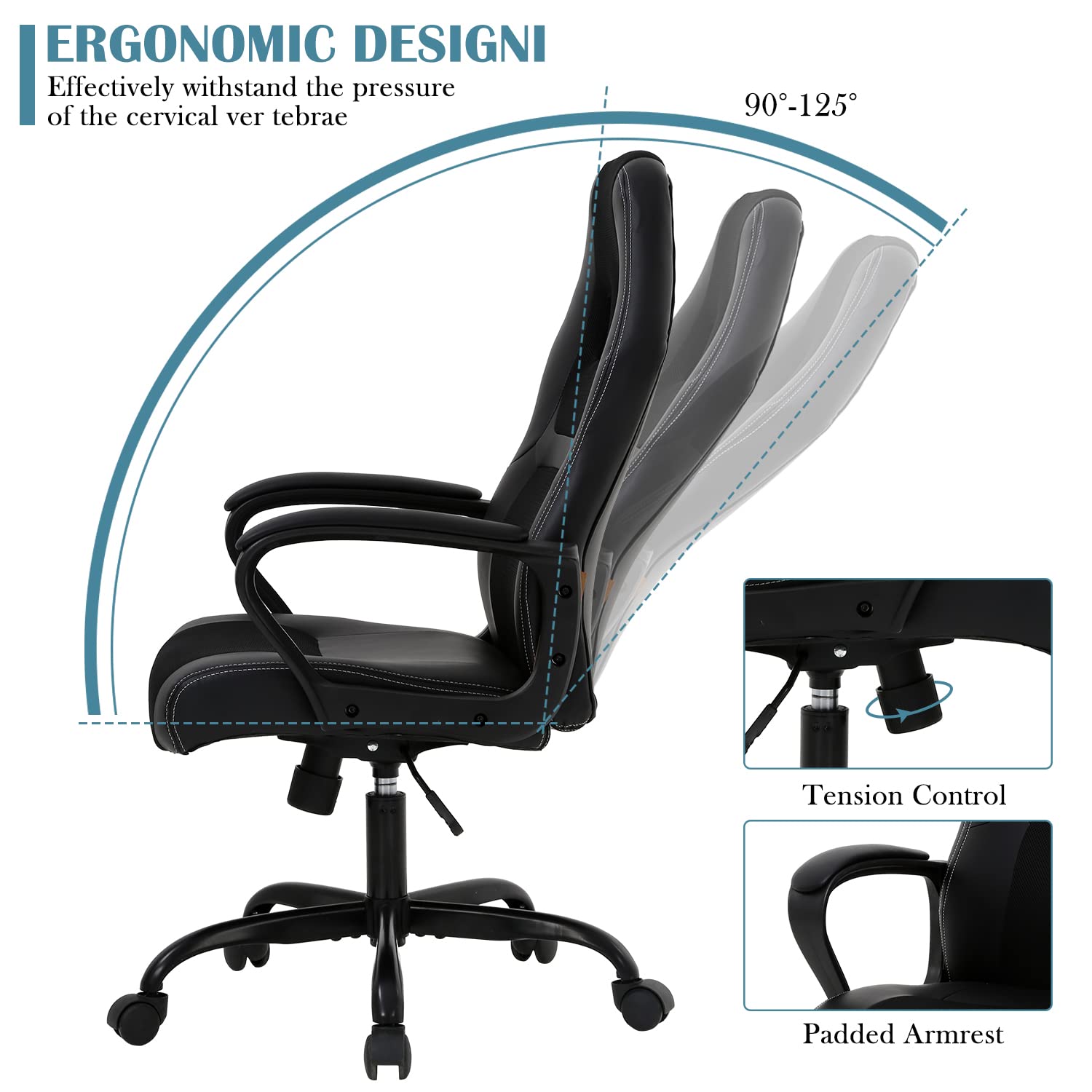 Upgrade Computer Video Game Chairs, High Back Ergonomic Leather Racer Task Chair with Lumbar Support & Headrest, PC Swivel Executive Rolling Office Desk Chair for Home Office Gaming Room