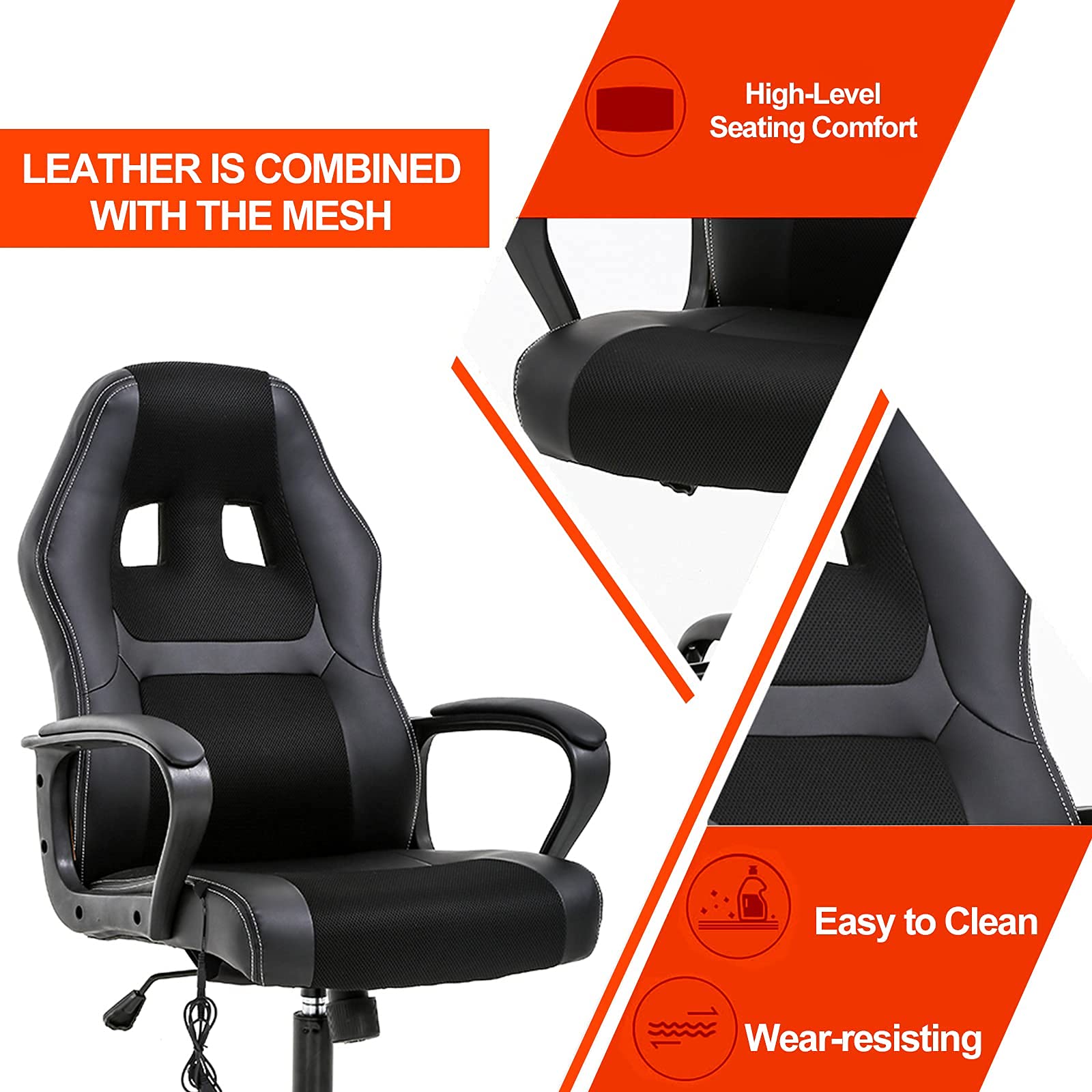 PC Gaming Chair, Ergonomic Office Chair, Gaming Chair on Wheels,Task Rolling Swivel Computer Chair with Lumbar Support Headrest,PU Leather Executive High Back Computer Chair for Adults, Black