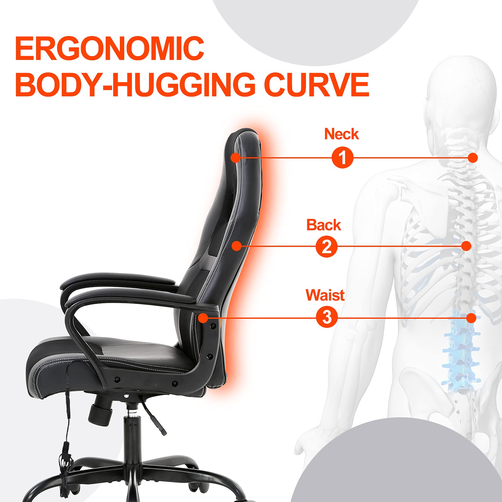 PC Gaming Chair, Ergonomic Office Chair, Gaming Chair on Wheels,Task Rolling Swivel Computer Chair with Lumbar Support Headrest,PU Leather Executive High Back Computer Chair for Adults, Black