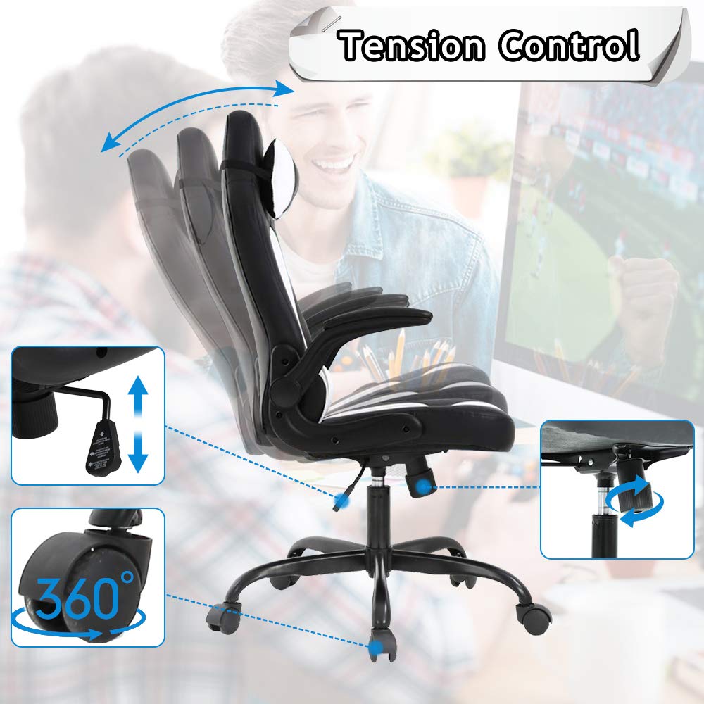 Dkeli, Gaming Chair Office Chair Desk Chair Ergonomic High Back Computer Chair with Lumbar Support Flip-up Arms Headrest PU Leather Swivel Task Chair