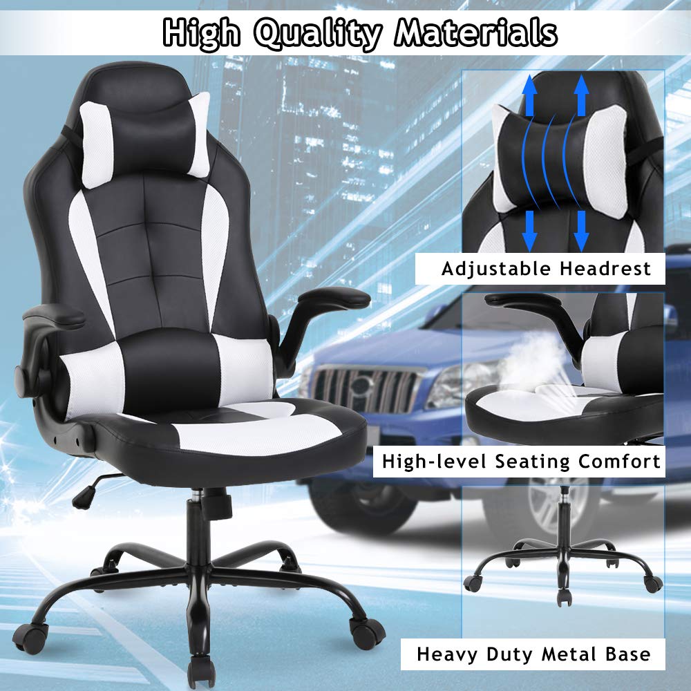 Dkeli, Gaming Chair Office Chair Desk Chair Ergonomic High Back Computer Chair with Lumbar Support Flip-up Arms Headrest PU Leather Swivel Task Chair