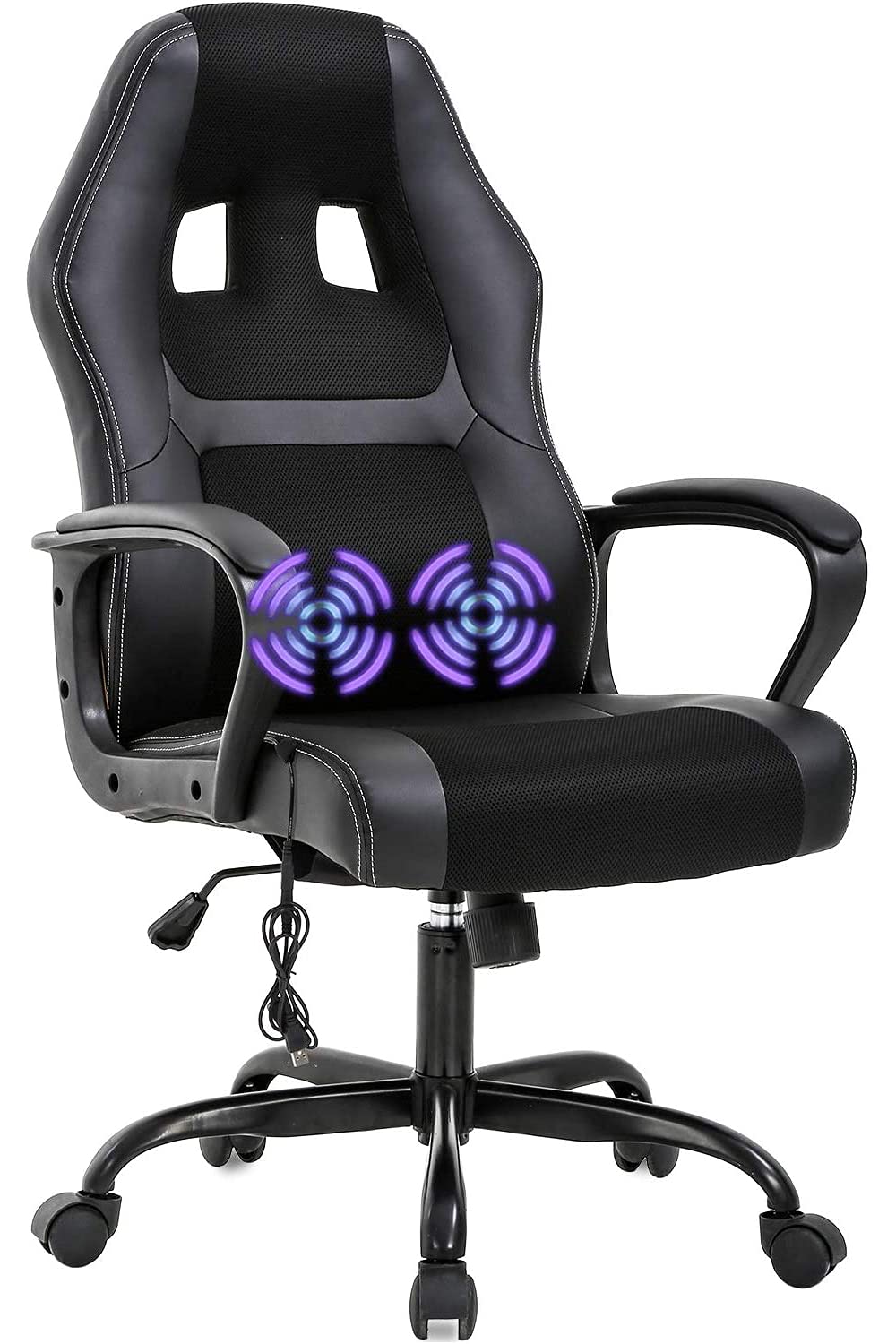 Gaming Chair Desk Chairs Ergonomic Office Chair Comfortable Massage Computer Desk Chair with Adjustable Backrest and Height, PU Leather Executive PC Swivel Chair Chair with Lumbar Support (Black)