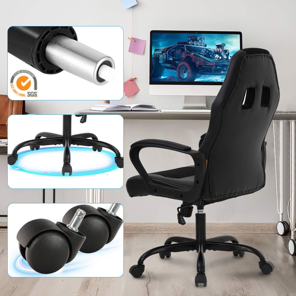 Gaming Chair Ergonomic Office Chair Racing Chair with Lumbar Support & Armrest PU Leather High Back Computer Chair Adjustable Height Swivel Executive Chair for Adults, Black