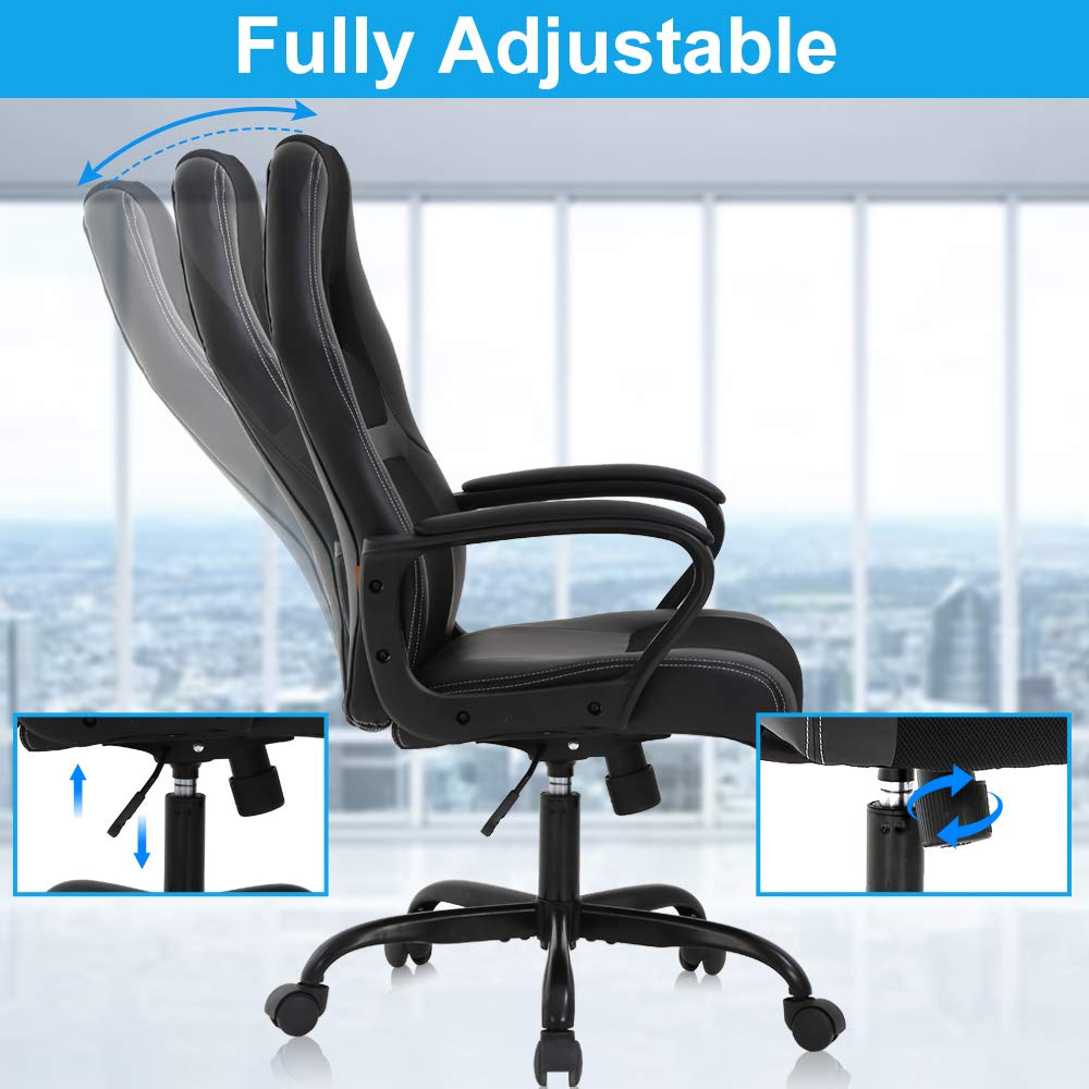 Gaming Chair Ergonomic Office Chair Racing Chair with Lumbar Support & Armrest PU Leather High Back Computer Chair Adjustable Height Swivel Executive Chair for Adults, Black