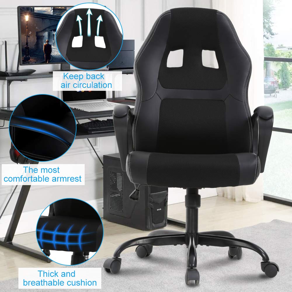 Gaming Chair Ergonomic Office Chair Racing Chair with Lumbar Support & Armrest PU Leather High Back Computer Chair Adjustable Height Swivel Executive Chair for Adults, Black