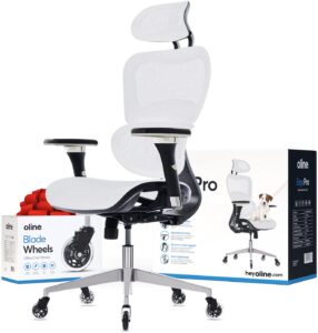 oline ergopro ergonomic office chair - rolling desk chair with 4d adjustable armrest, 3d lumbar support and blade wheels - mesh computer chair, gaming chairs, executive swivel chair (white)