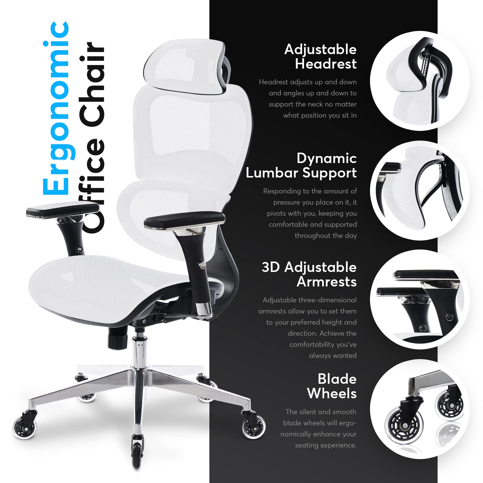 Oline ErgoPro Ergonomic Office Chair - Rolling Desk Chair with 4D Adjustable Armrest, 3D Lumbar Support and Blade Wheels - Mesh Computer Chair, Gaming Chairs, Executive Swivel Chair (White)