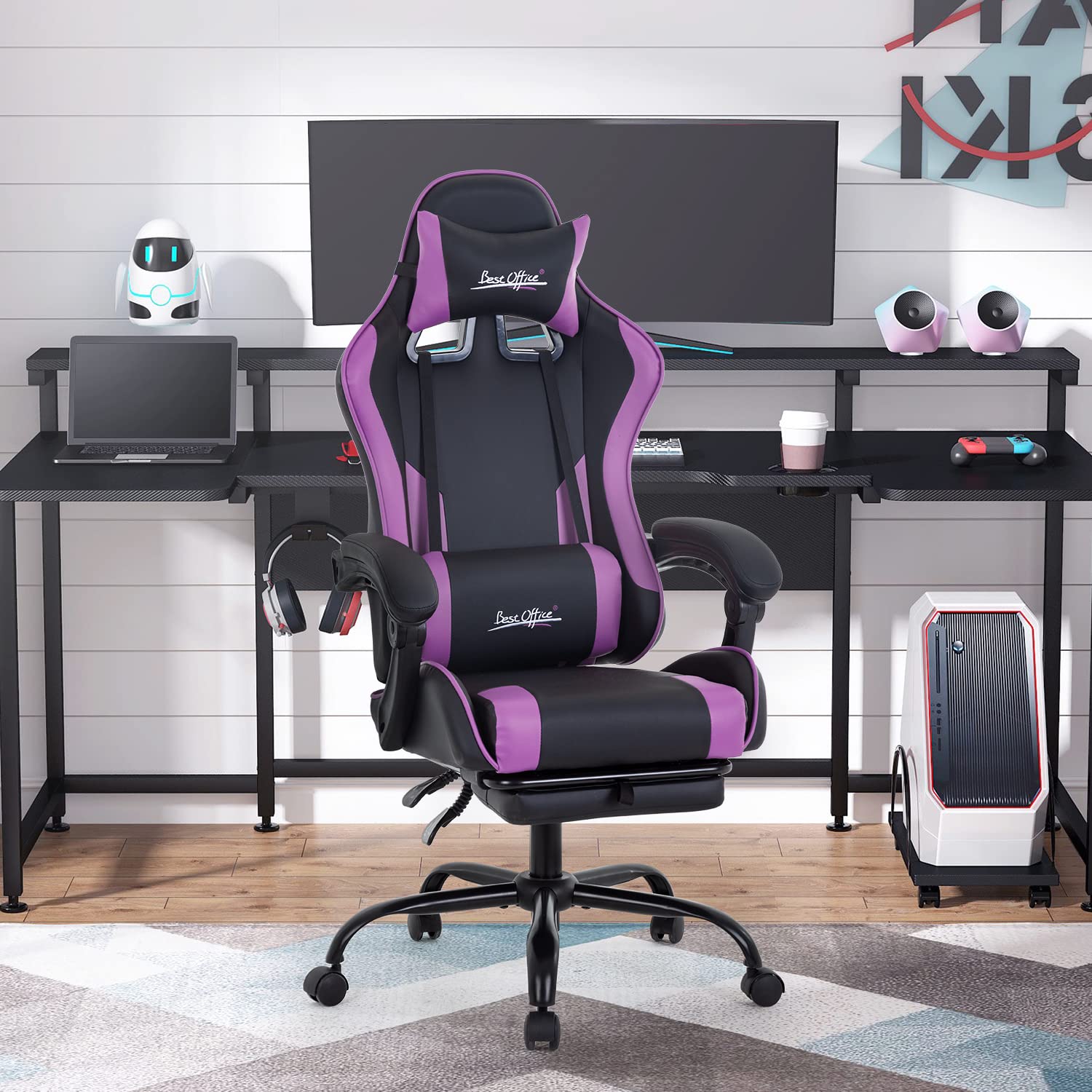 Gaming Chair Office Chair Desk Chair with Footrest Lumbar Support Headrest Armrest Task Rolling Swivel Ergonomic E-Sports Adjustable PC Gamer Chair (Purple)