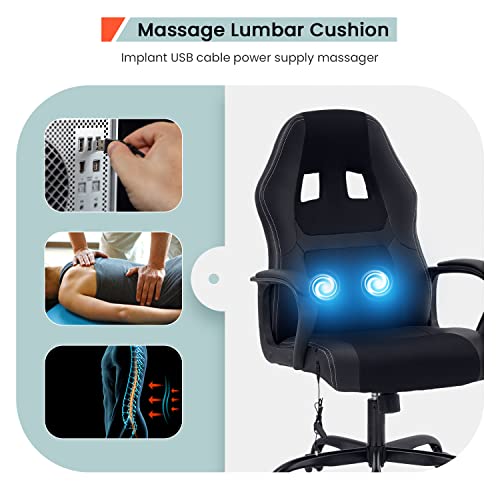 BestOffice Adjustable Massage Desk Lumbar Support Headrest Armrest Task Rolling Swivel Racing Ergonomic Office PU Leather Computer Chair, Black