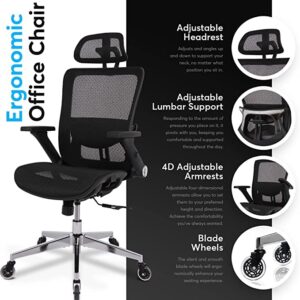 Ergonomic Mesh Office Chair - Gaming Chair,Adjustable Rolling Home Desk Chair with 4D Flip Armrests and Headrest, Adjustable Lumbar Support and Blade Wheels Backrest and Headrest (Black)