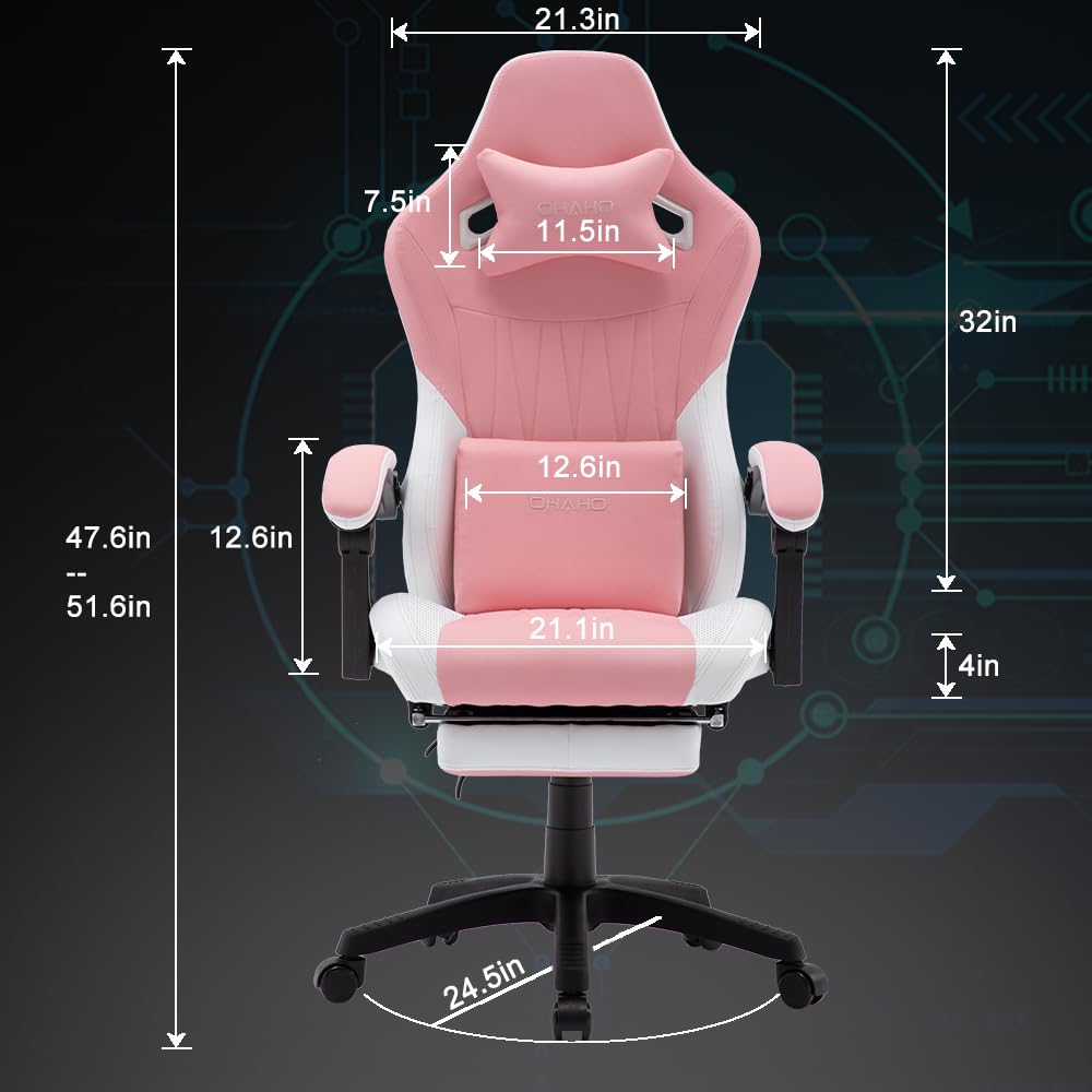 OHAHO Gaming Chair, Office Chair High Back Computer Chair Leather Desk Chair Racing Executive Ergonomic Adjustable Swivel Task Chair with Headrest and Lumbar Support (Pink)