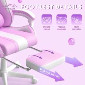 Ferghana Kawaii Light Purple Gaming Chair with Bunny Ears, Ergonomic Cute Gamer Chair with Footrest and Massage, Racing Reclining Leather Computer Game Chair 250lbs for Girls Adults Teens Kids