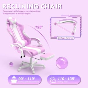 Ferghana Kawaii Light Purple Gaming Chair with Bunny Ears, Ergonomic Cute Gamer Chair with Footrest and Massage, Racing Reclining Leather Computer Game Chair 250lbs for Girls Adults Teens Kids