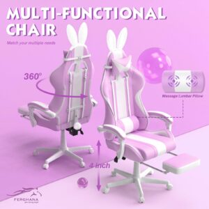 Ferghana Kawaii Light Purple Gaming Chair with Bunny Ears, Ergonomic Cute Gamer Chair with Footrest and Massage, Racing Reclining Leather Computer Game Chair 250lbs for Girls Adults Teens Kids