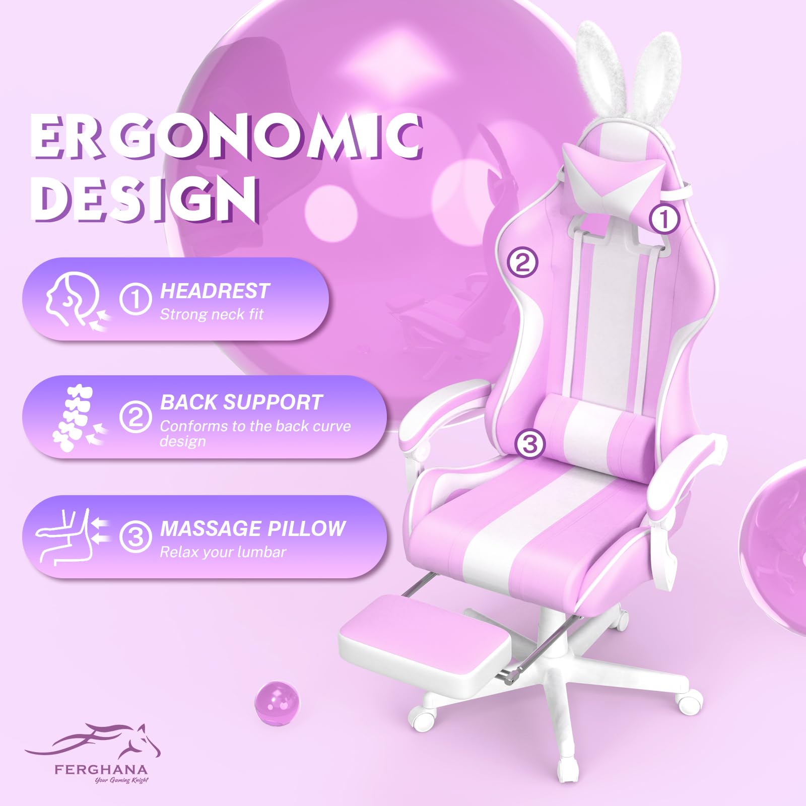 Ferghana Kawaii Light Purple Gaming Chair with Bunny Ears, Ergonomic Cute Gamer Chair with Footrest and Massage, Racing Reclining Leather Computer Game Chair 250lbs for Girls Adults Teens Kids